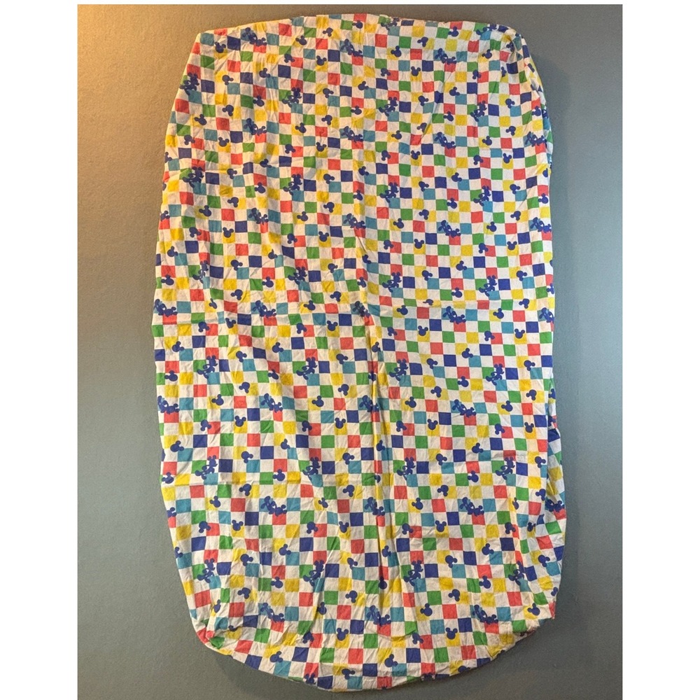 VTG Disney Mickey Mouse Checkered Fitted Crib Sheet Kids Primary Colors 90s